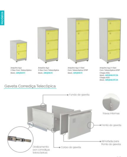 Arquivo de aço com/ Gavetas com Corrediças Telescópicas